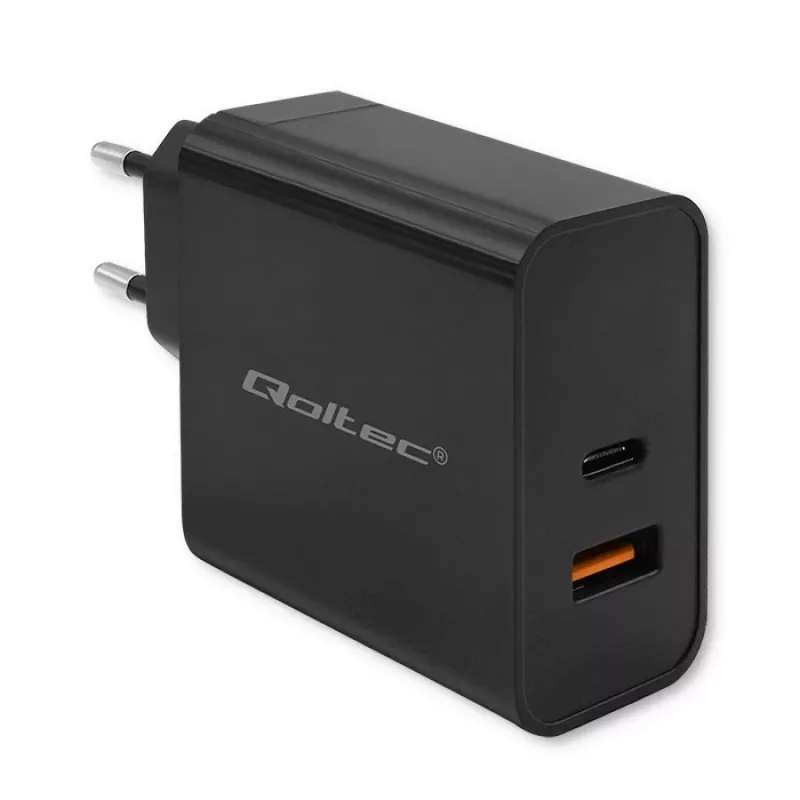 Qoltec 52381 Super Quick PD greitasis įkroviklis | 1xUSB-C | 1xUSB | 90W | 5-20V | 2.4-4.35A | Juoda