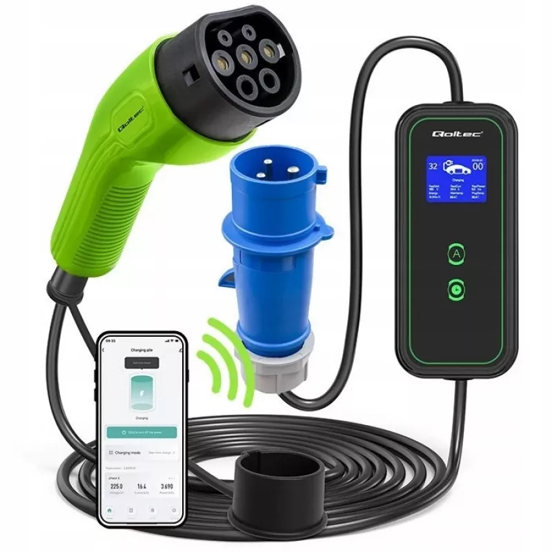 Qoltec Mobile EV automobilio įkroviklis reguliuojamas 2in1 Type2 | 7kW | 230V | CEE 3 kištukas | Wi-fi | LCD | Nešiojamas | Sieninis | 5m