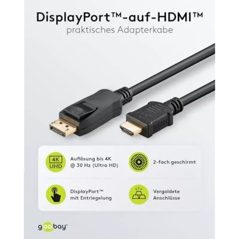 64836 GOOBAY DisplayPort 1.2 į HDMI adapterio laidas 1.4 4K @ 30Hz / itin spartus HDMI laidas / paauksuota jungtis nepriekaištingam signalui / nešiojamam kompiuteriui
