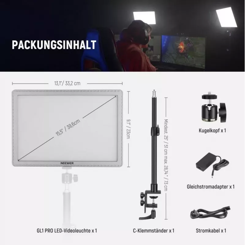 LED lempa Neewer GL1 Pro 2900–7000K nešiojama bi-spalva studijos šviesa su reguliuojama spalvų temperatūra