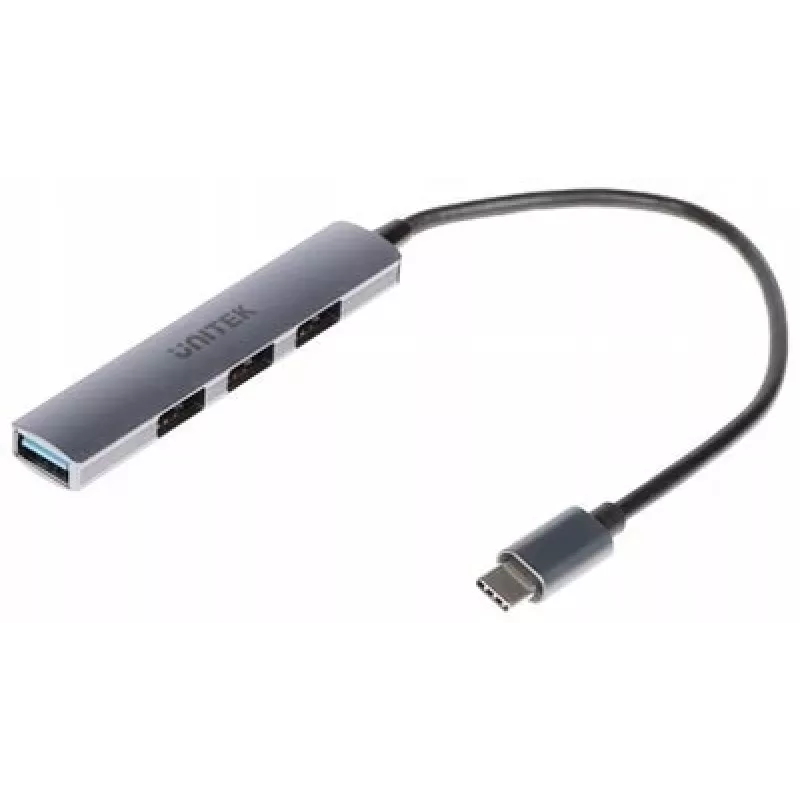 USB-C stotelė Unitek H1208B – 1x USB-A 5 Gbps, 3x USB-A 2.0, USB-C jungtis, aliumininis korpusas, 0,20 m laidas
