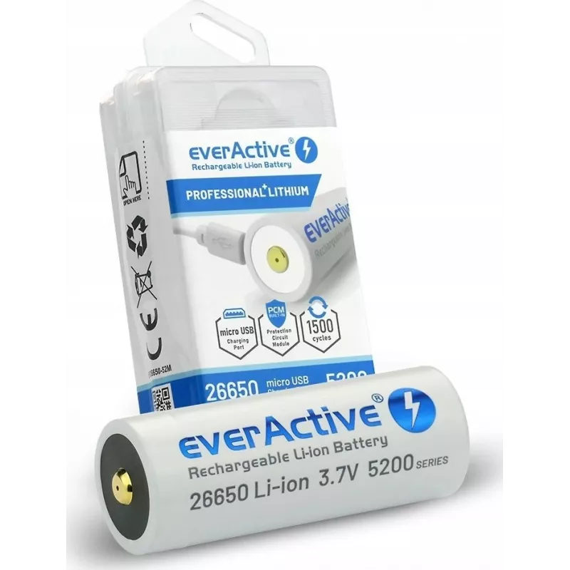 Įkraunama baterija everActive EV26650-52M 3,7V 5200mAh su Micro USB įkrovimu