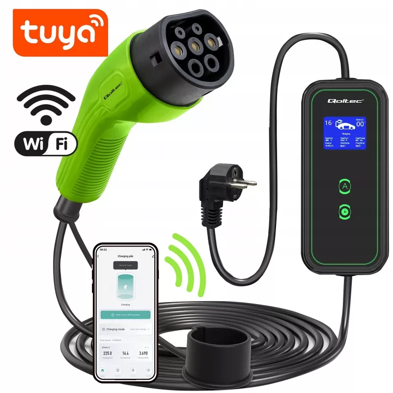 Qoltec Mobile EV Car Charger 2in1 Type2 | 3.5kW | 230V | Wi-Fi | LCD | Nešiojamas | Wallbox | 5m