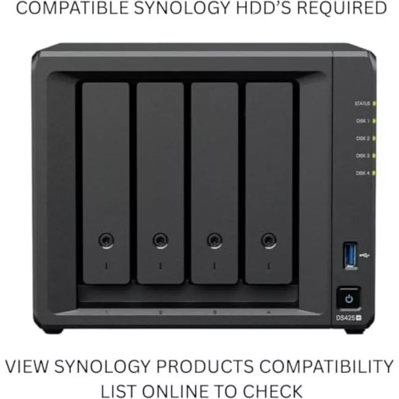 NAS saugojimo serveris SYNOLOGY DS425+ — 4 lizdai, Intel Celeron J4125 2.0–2.7 GHz, 2 GB DDR4, 0 TB, 2.5GbE, 2 M.2 lizdai