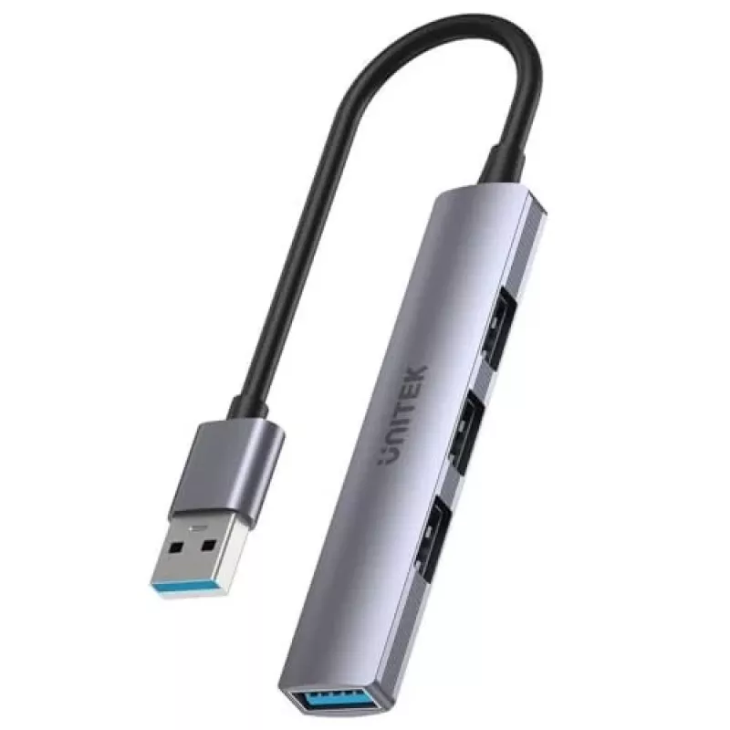 USB šakotuvas Unitek H1208A — 4 prievadai (1 × USB 3.2 Gen 1 Type-A, 3 × USB 2.0), aliumininis korpusas, pilka, 0,20 m laidas