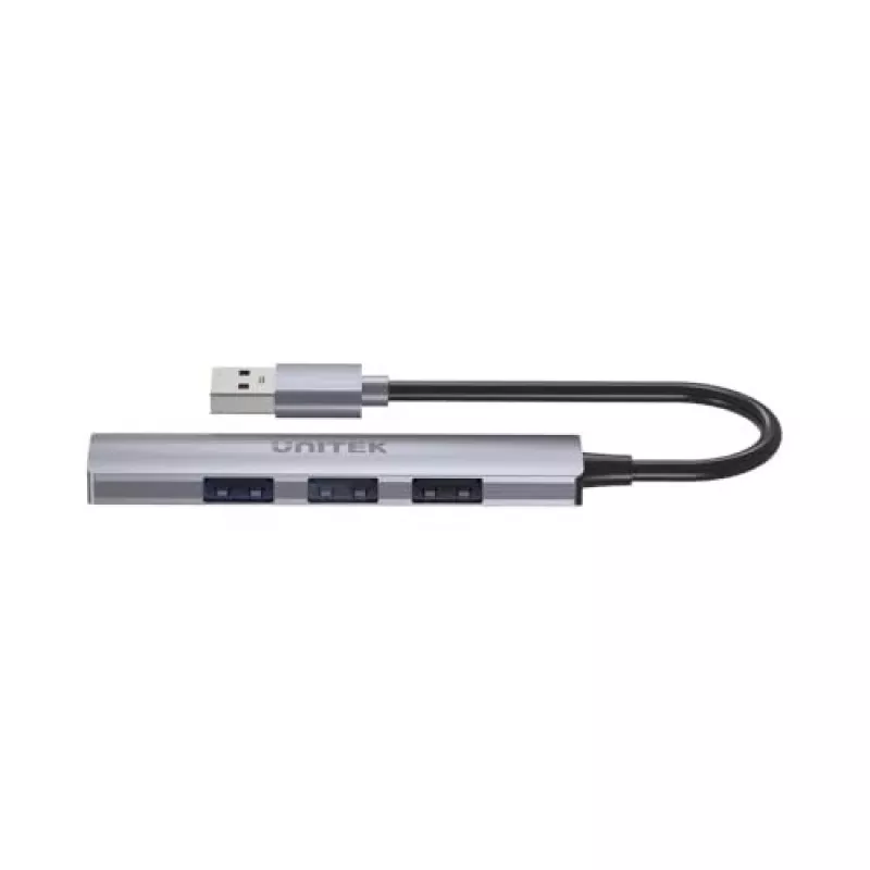 USB šakotuvas Unitek H1208A — 4 prievadai (1 × USB 3.2 Gen 1 Type-A, 3 × USB 2.0), aliumininis korpusas, pilka, 0,20 m laidas