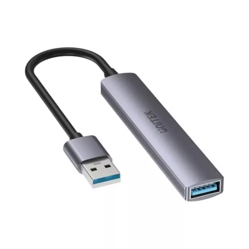 USB šakotuvas Unitek H1208A — 4 prievadai (1 × USB 3.2 Gen 1 Type-A, 3 × USB 2.0), aliumininis korpusas, pilka, 0,20 m laidas