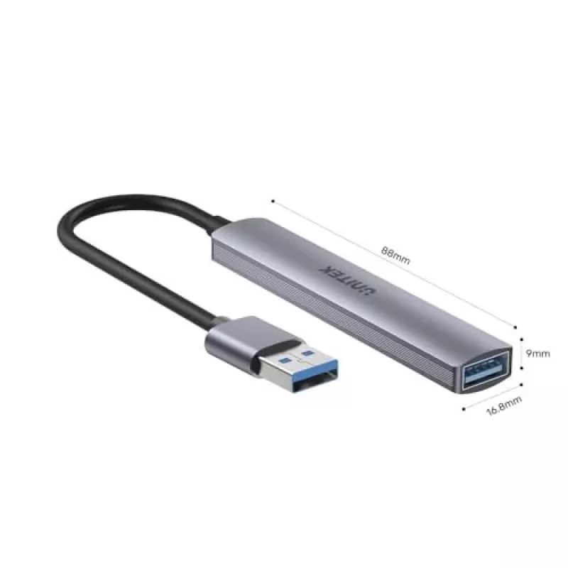 USB šakotuvas Unitek H1208A — 4 prievadai (1 × USB 3.2 Gen 1 Type-A, 3 × USB 2.0), aliumininis korpusas, pilka, 0,20 m laidas
