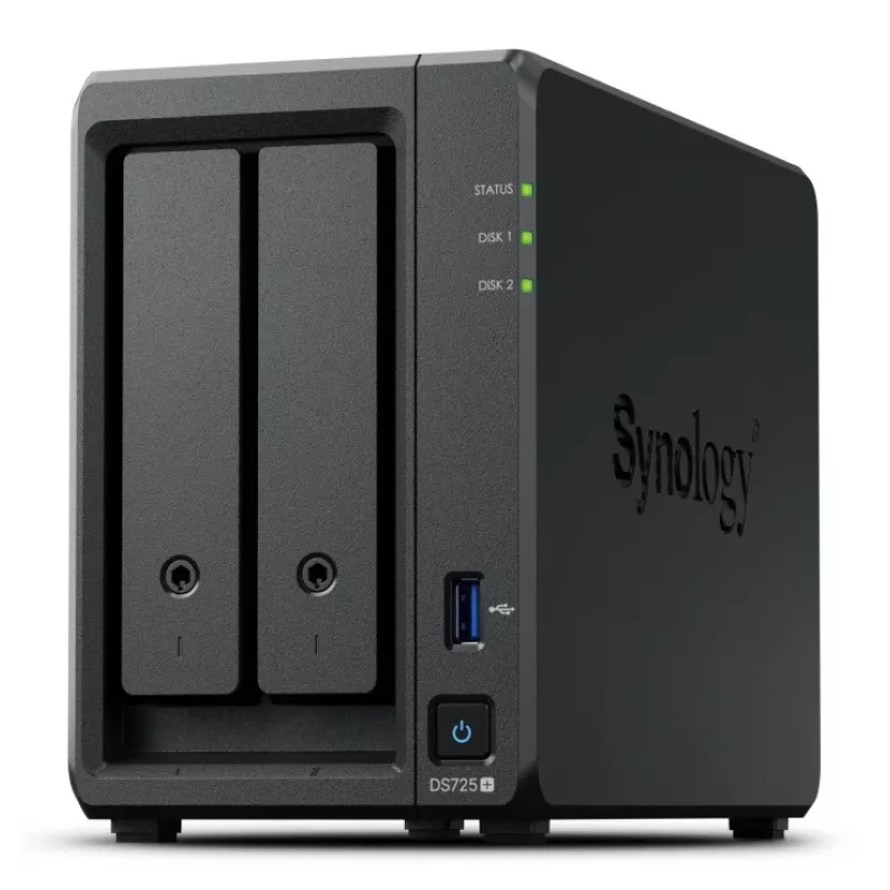 NAS Synology DiskStation DS725+ 2 lizdai Ryzen R1600 4GB DDR4 ECC, 2,5GbE, 2x M.2, RAID palaikymas, 0TB, Juoda