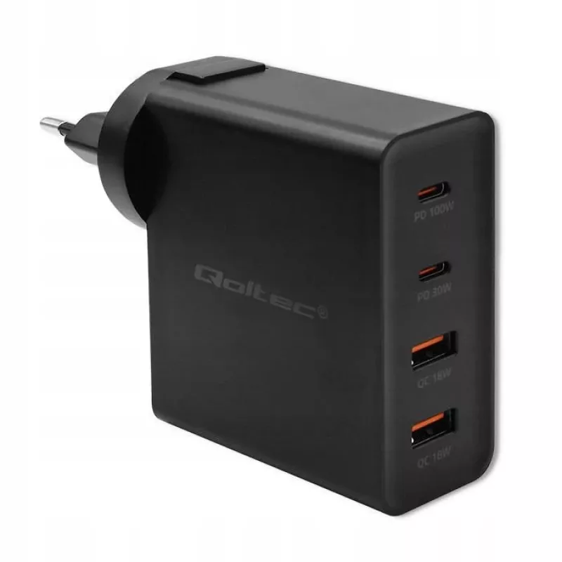 Qoltec GaN POWER PRO Įkroviklis | 2xUSB-C | 2xUSB | 130W | 5-20V | 1.5-5A | XP | Juodas