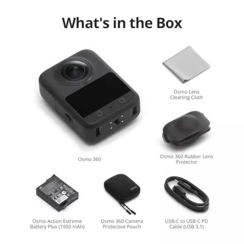 Veiksmo kamera DJI Osmo 360 Standartinis komplektas – 8K itin didelė raiška, 120 MP CMOS, 240 kadrų per sekundę, elektroninis stabilizavimas, 2 colių ekranas, MicroSD, 183 g, juoda