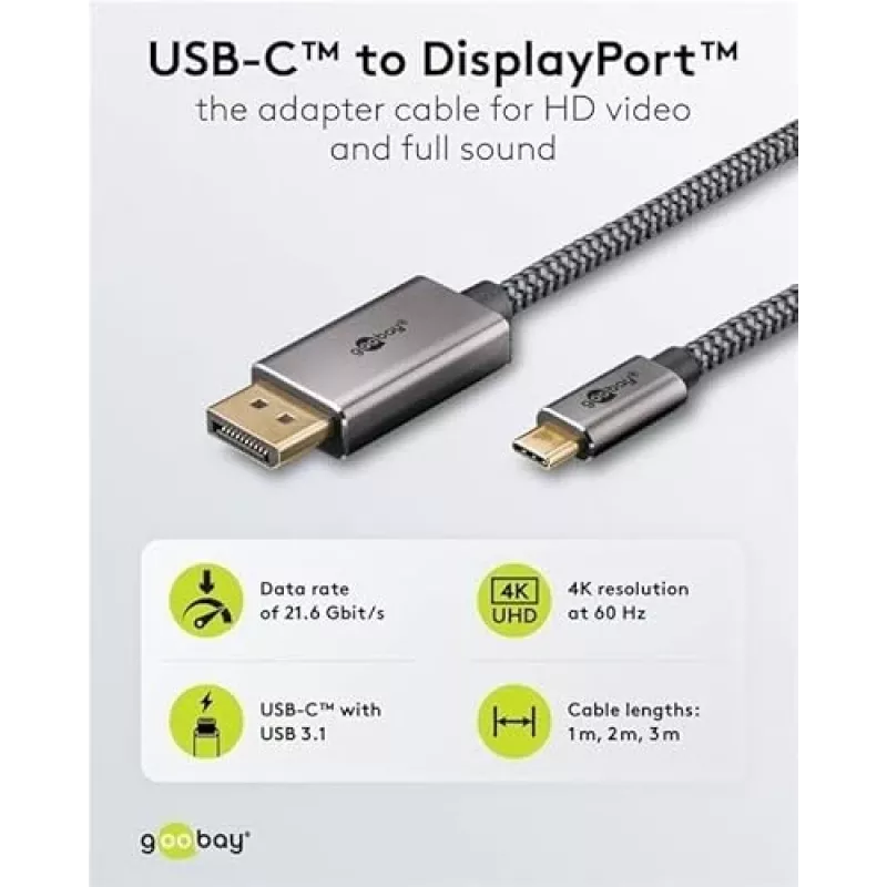 Goobay USB-C į DisplayPort laidas – paauksuotos jungtys, itin didelė raiška iki 4K @ 60Hz, suderinamas su Thunderbolt 3/4