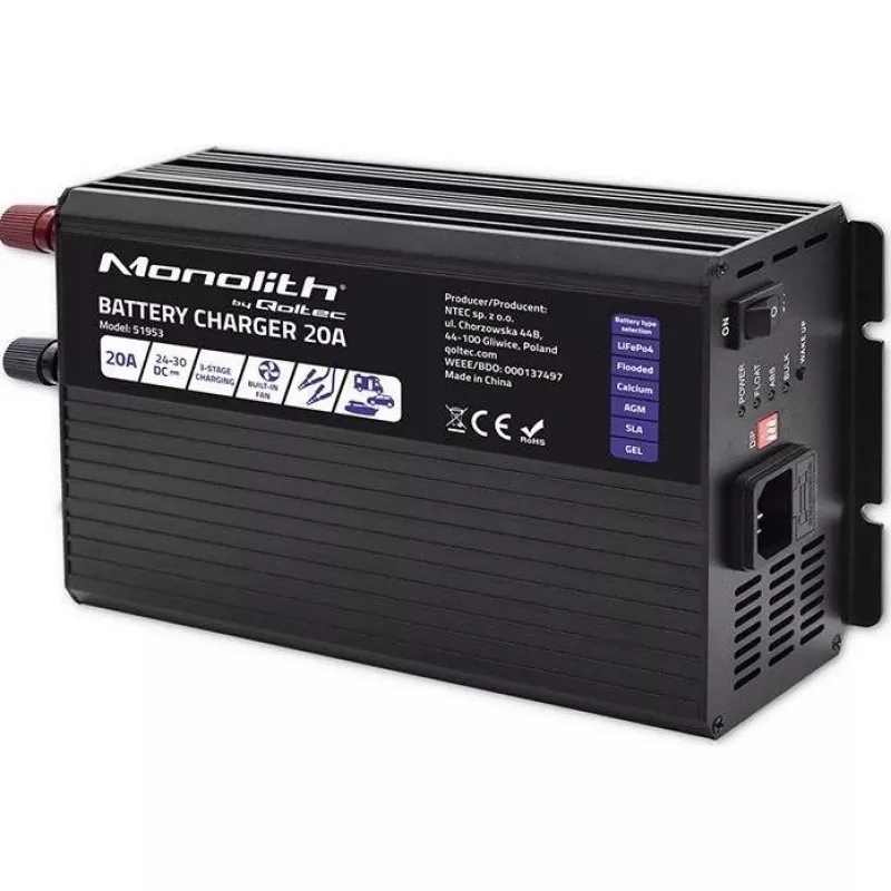 Qoltec Smart Monolith baterijų įkroviklis LiFePO4 AGM GEL SLA | 20A | 24V