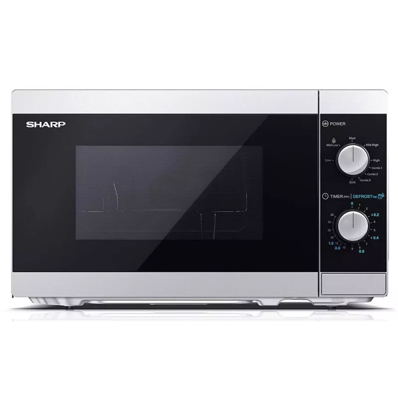 Kombinuota mikrobangų krosnelė Sharp YC-MG01E-S — 20 L, 800 W mikrobangos, 1000 W grilis, 5 galios lygiai, sukimo valdiklis, 25,5 cm padėklas