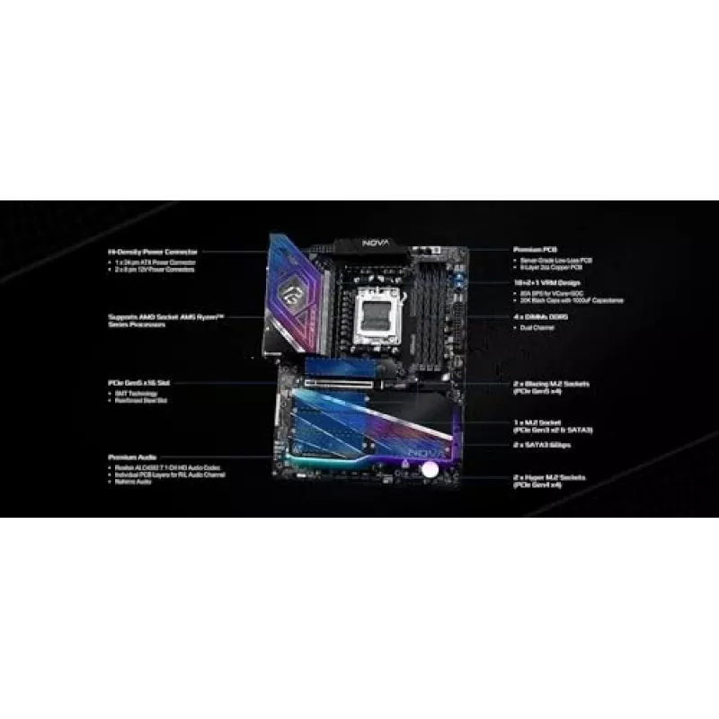 Motininė plokštė ASRock X870 NOVA WIFI — AMD X870, Socket AM5, ATX, 4× DIMM DDR5, 256GB, Wi‑Fi 7, 5GbE