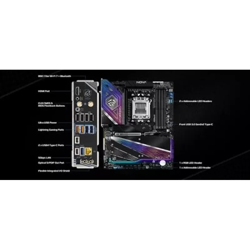 Motininė plokštė ASRock X870 NOVA WIFI — AMD X870, Socket AM5, ATX, 4× DIMM DDR5, 256GB, Wi‑Fi 7, 5GbE