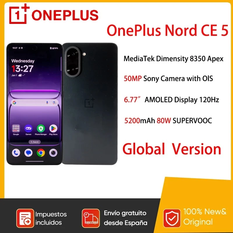 Išmanusis telefonas OnePlus Nord CE 5 5G, MediaTek Dimensity 8350, 6,77 colio AMOLED ekranas, 5200 mAh, 80 W SUPERVOOC, 50 MP Sony kamera su OIS