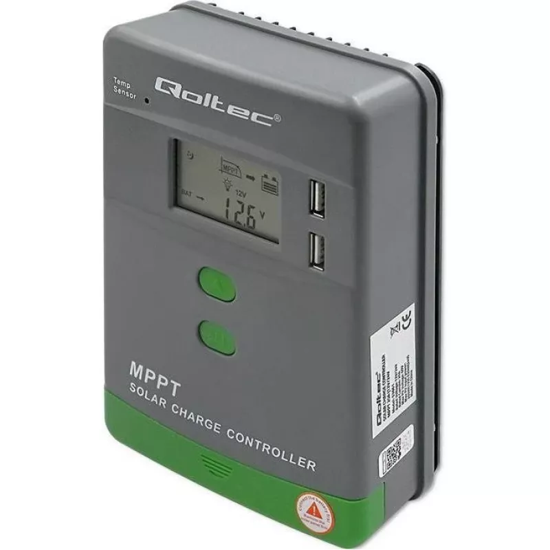 Qoltec saulės MPPT įkrovimo valdiklis su temperatūros jutikliu 20A 12V/24V LCD ekranas 2xUSB