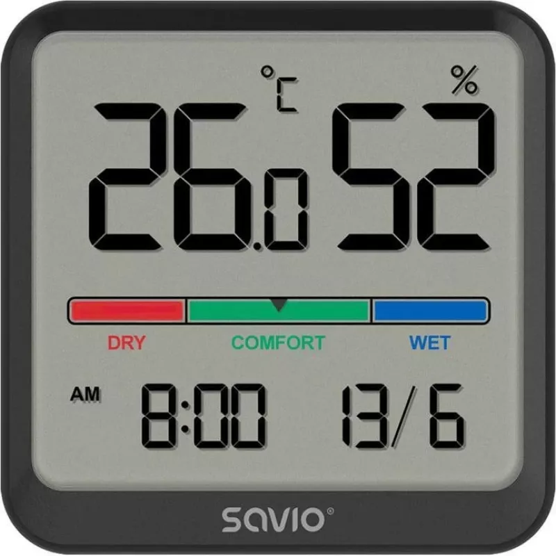 Vidaus temperatūros ir drėgmės jutiklis SAVIO CT-01/B pastatomas, LCD, -10–55°C, 10–99% RH, CR2032