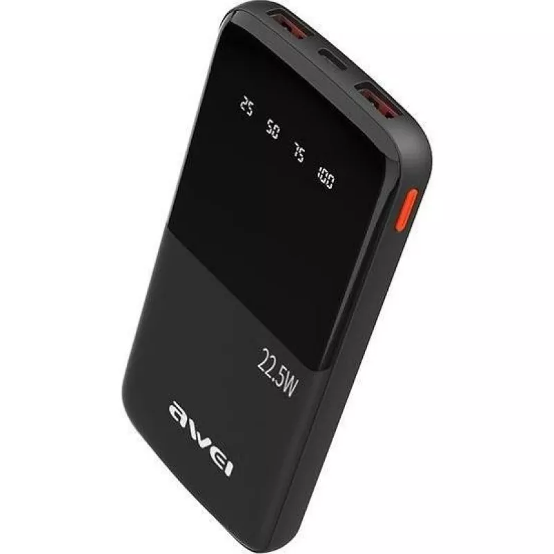 Awei PowerBank P10K 10000 mAh 22,5W Juoda/Juoda