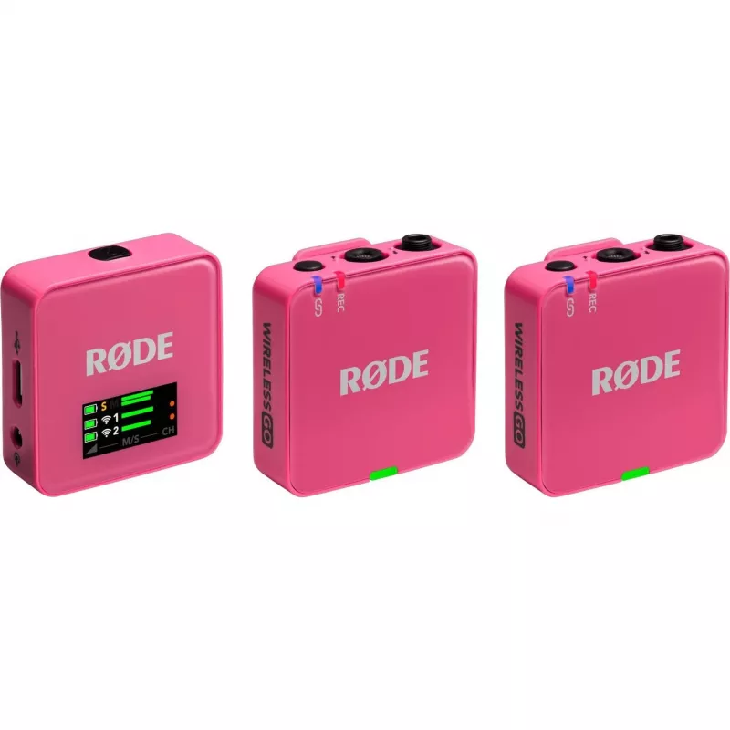 Belaidis mikrofonas RODE Wireless GO III Pink — kompaktiška dviejų kanalų siųstuvų ir imtuvo sistema