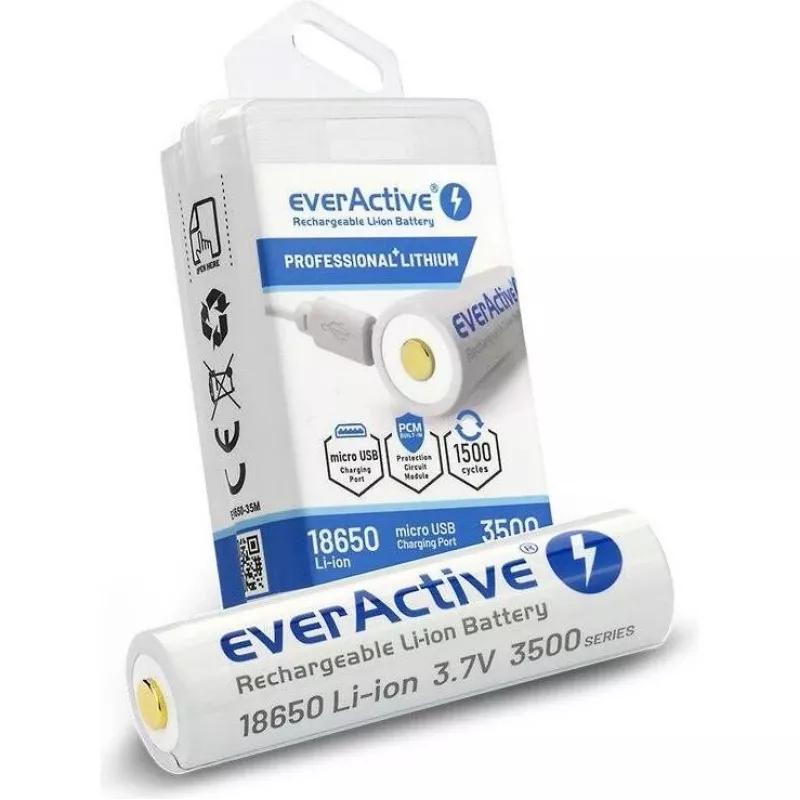 18650 Li-Ion 3.7V everActive 3500mAh baterija (1 vnt.) su micro-USB ir apsauga