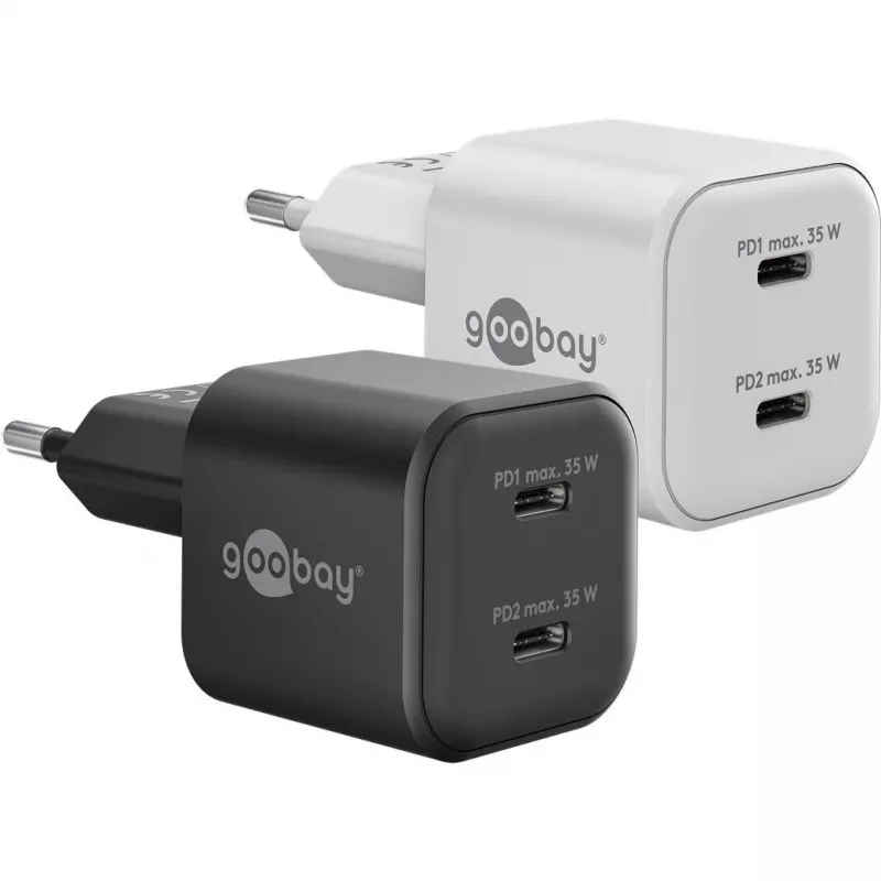Sieninis įkroviklis GOOBAY 75333 – universalus vidinis AC USB-C įkroviklis, 2x USB-C, 35 W, juodas