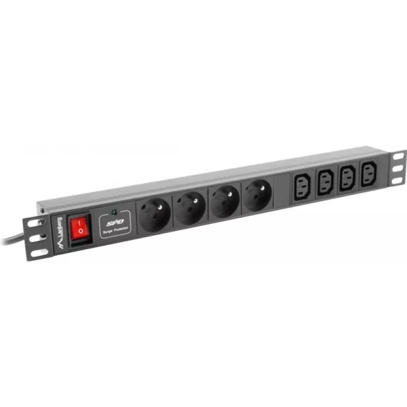 Maitinimo paskirstymo blokas LANBERG PDU-04E04I-0200-IEC-BK — 1U, 4 lizdai C13 (E tipas), 2 m laidas, 10 A, 220–250 V