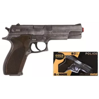 Žaislinis šautuvėlis su strėlytėmis Pulio Police gun metal GONHER 45/1 15545/1 — metalo efekto apdaila, vieno šūvio ginklas