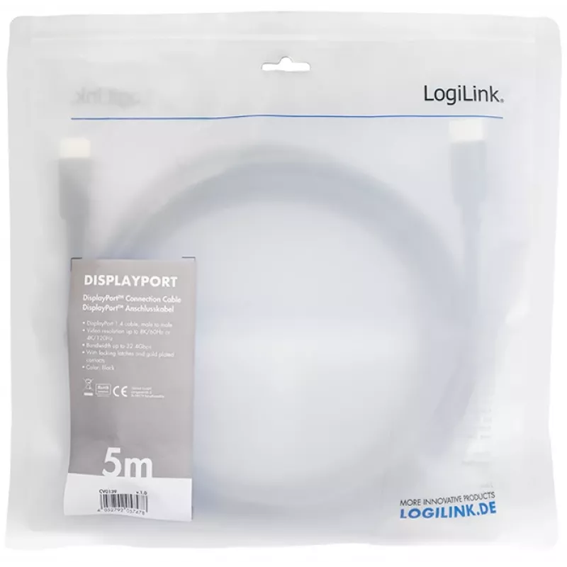 DisplayPort kabelis LogiLink CV0139 5 m Juodas
