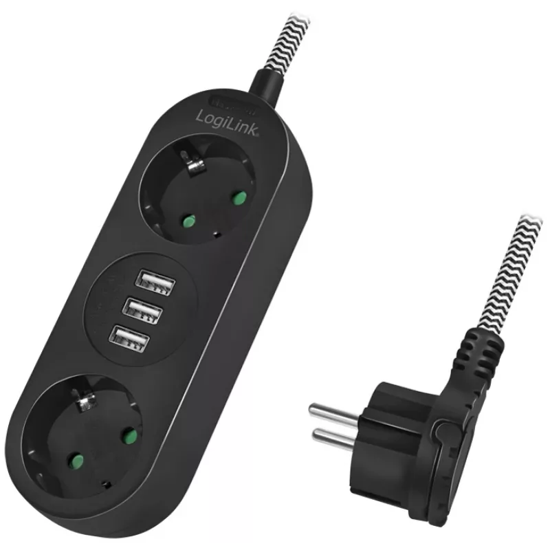 Prailginimo laidas LogiLink LPS262U 1,5 m 2 AC lizdai vidaus juodas