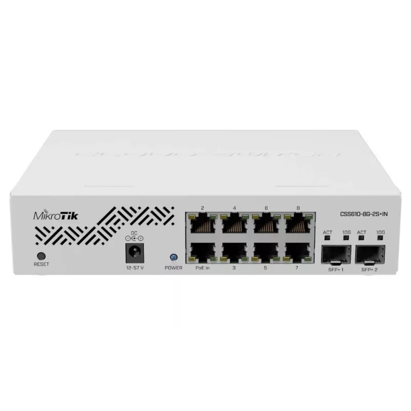 MikroTik CSS610-8G-2S+IN tinklo jungiklis – 8x Gigabit RJ-45, 2x SFP+ 10G, PoE, 12–57V