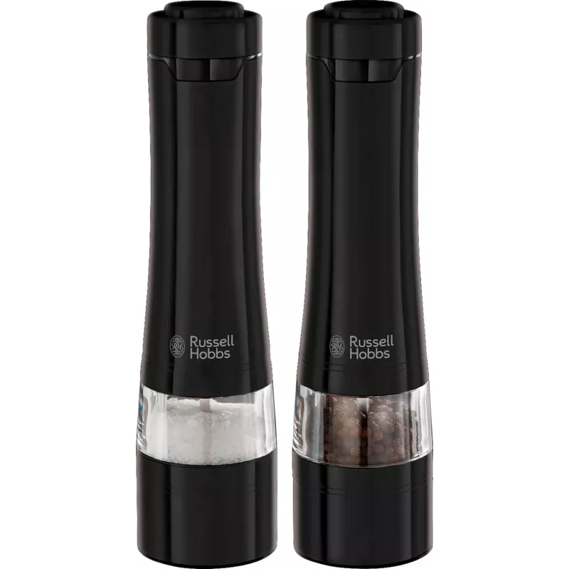 Russell Hobbs 28010-56 elektrinis druskos ir pipirų malūnėlių rinkinys (automatinis, reguliuojamas malimas, šviesa ant pagrindo, juodas metalinis dizainas)