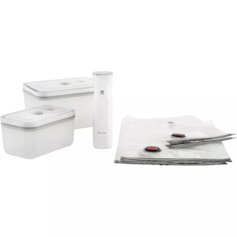 Vakuuminis indas ZWILLING 36807-007-0, plastikinis stačiakampis maisto indas, 1,1 l ir 2,3 l, sandariai užsidarantis dangtelis, išimamas, permatomas baltas