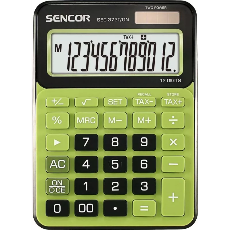 Stalinis skaičiuotuvas SENCOR SEC 372GN 12 skaitmenų LCD, pagrindinės aritmetinės funkcijos, saulės ir baterijos maitinimas