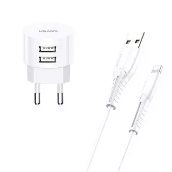 usams Charger T20 2x USB 2.1A su Lightning laidu – kišeninis sieninis įkroviklis