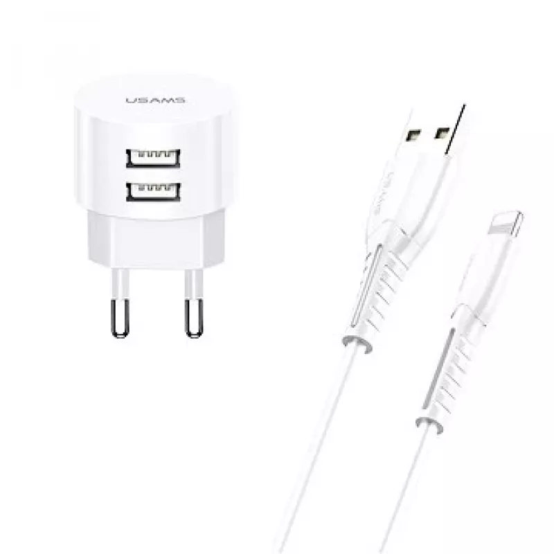 usams Charger T20 2x USB 2.1A su Lightning laidu – kišeninis sieninis įkroviklis