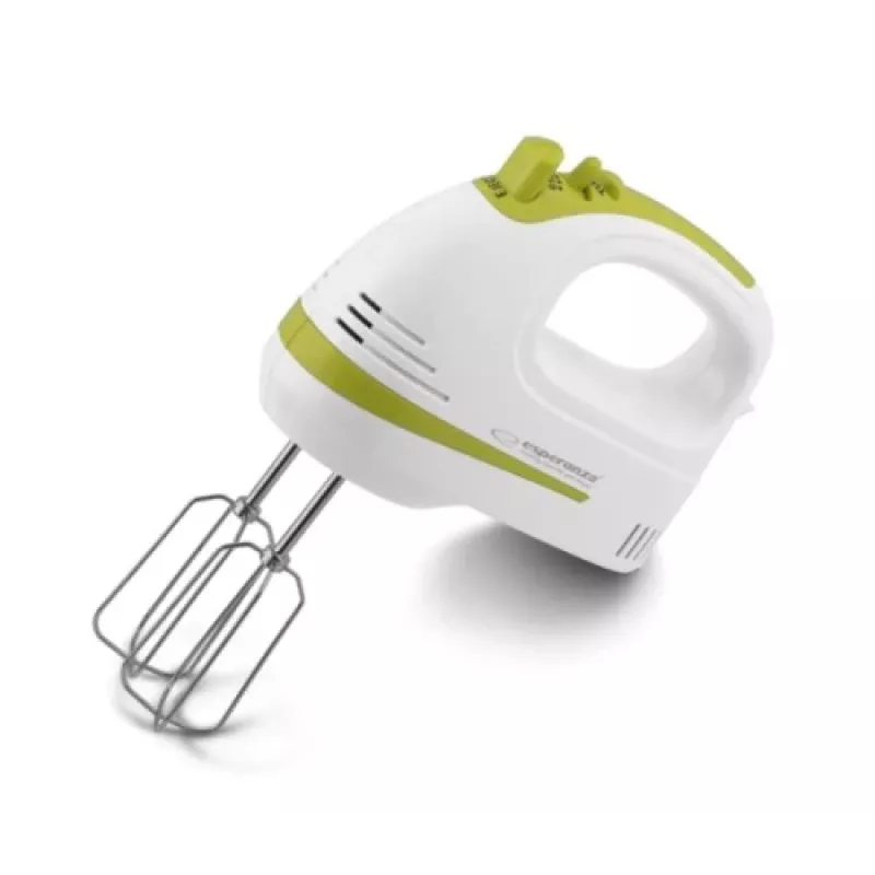 Rankinis plaktuvas ESPERANZA EKM011 — 400 W, 5 greičių, turbo, tešlos kabliukai ir plaktuvai, 220–240 V, baltas/šviesiai žalias