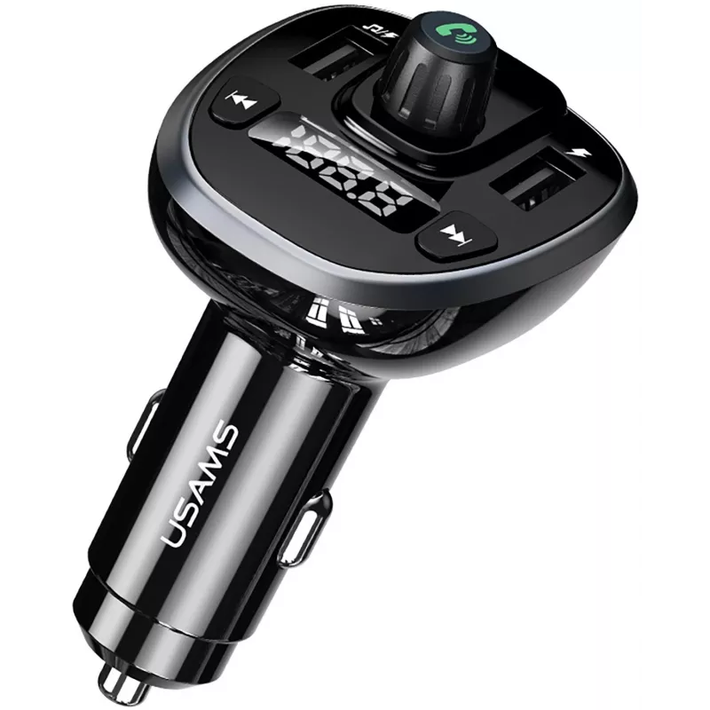 USAMS US-CC115 C21 automobilinis FM siųstuvas su dvigubu USB įkrovikliu, Bluetooth 5.0, 3,4 A, juodas
