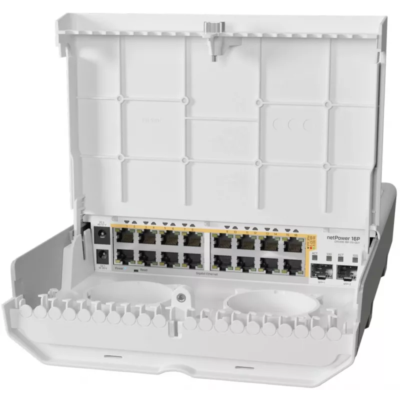 MikroTik netPower 16P jungiklis – 16 Gigabit Ethernet prievadų su PoE ir 2 SFP+ 10G prievadais, lauko naudojimui