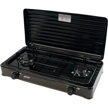 Mpm Kn-02/1kb nešiojama dujinė viryklė Camping 2 degikliai emaliuotos grotelės apsauginis dangtis standartas G30-37 Mbar juoda