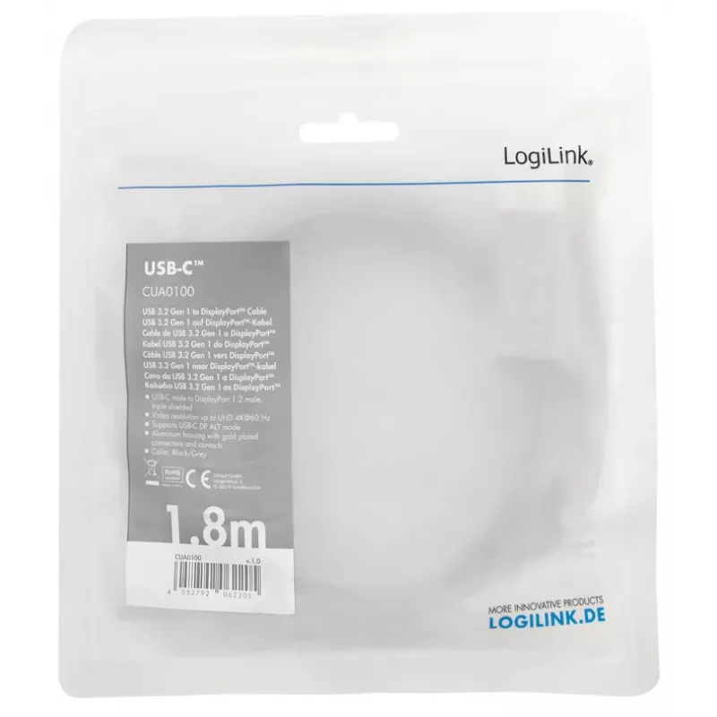 LogiLink CUA0100 Laidinio keitiklio adapteris DisplayPort USB 3.2 Gen1 Type-C 1,8 m juoda pilka
