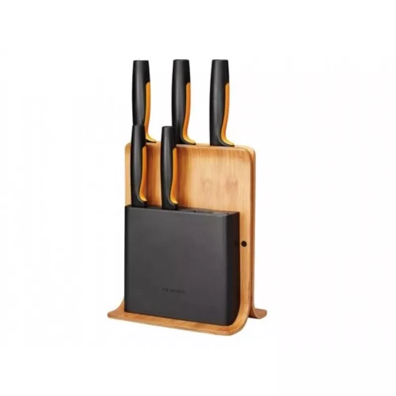 Fiskars Functional Form 1057552 peilių komplektas su bambuko kaladėle, 5 peiliai, nerūdijantis plienas, juoda/oranžinė