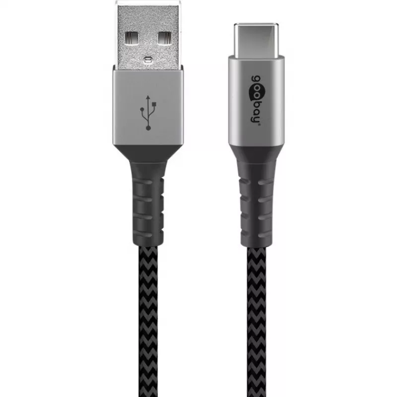Goobay 49296 tekstilinis USB-C į USB-A laidas su metaliniais kištukais, 1 m, kosminė pilka/sidabrinė