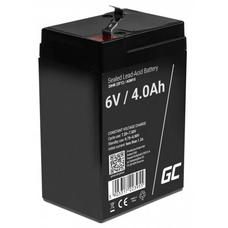 UPS baterija Green Cell AGM15, 6 V, 4 Ah, sandarus švino rūgšties akumuliatorius (VRLA), juoda, 680 g