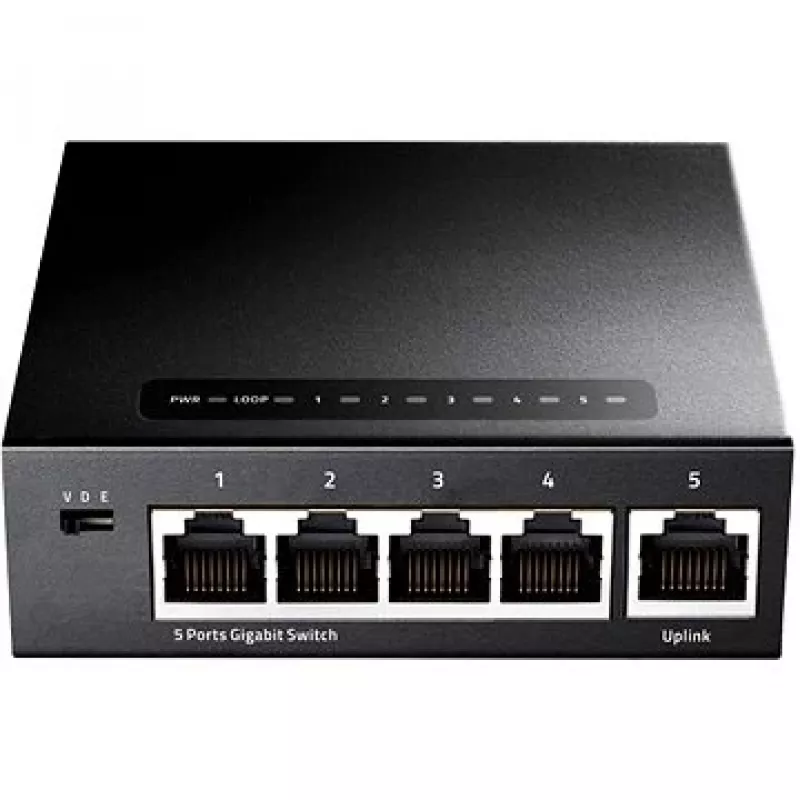 Tinklo jungiklis Cudy GS105 – 5 prievadų Gigabit Ethernet (10/100/1000), juodos spalvos, su 5 V DC maitinimo šaltiniu