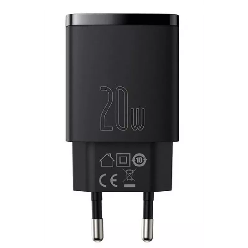 USB greitasis įkroviklis Baseus CCXJ-B01 — 2 prievadai (USB-C PD 20W + USB-A QC3.0 18W), 100–240V, Juodas