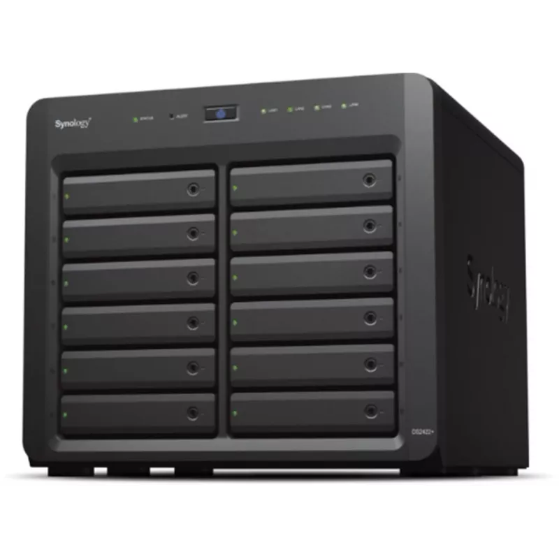 NAS Synology DS2422+; bokštinis; 12x (3,5 SATA HDD/2,5 SATA HDD/2,5 SATA SSD); AMD Ryzen V1500B; 4 GB DDR4 (maks. 32 GB); 4 x 1GbE RJ-45