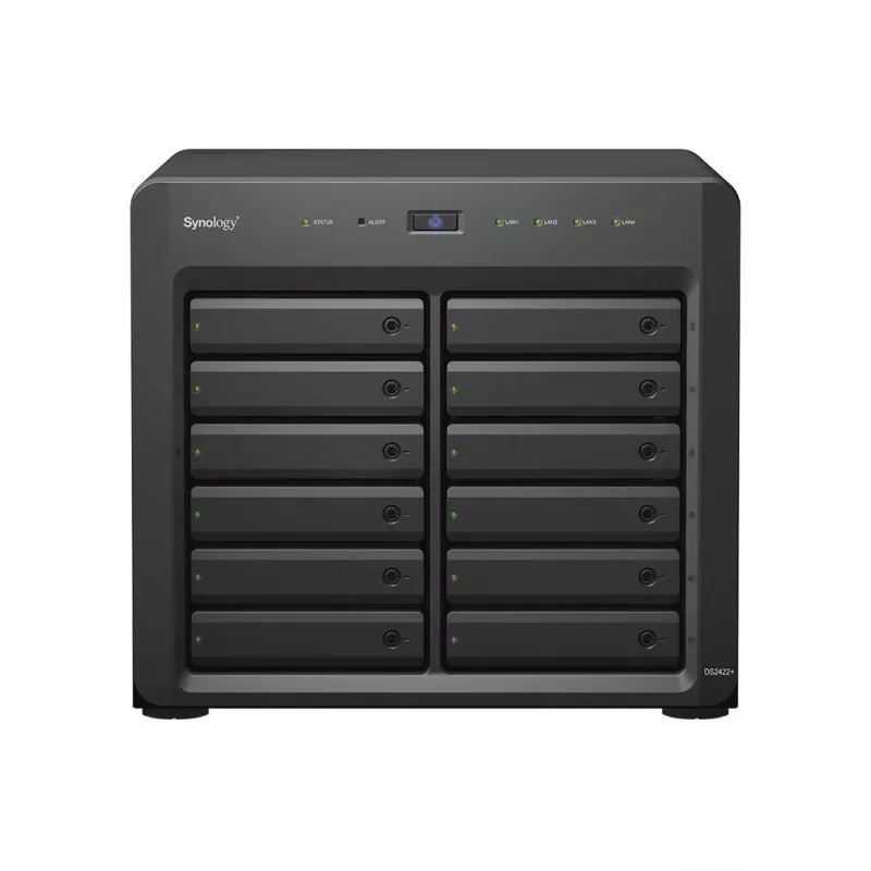 NAS Synology DS2422+; bokštinis; 12x (3,5 SATA HDD/2,5 SATA HDD/2,5 SATA SSD); AMD Ryzen V1500B; 4 GB DDR4 (maks. 32 GB); 4 x 1GbE RJ-45