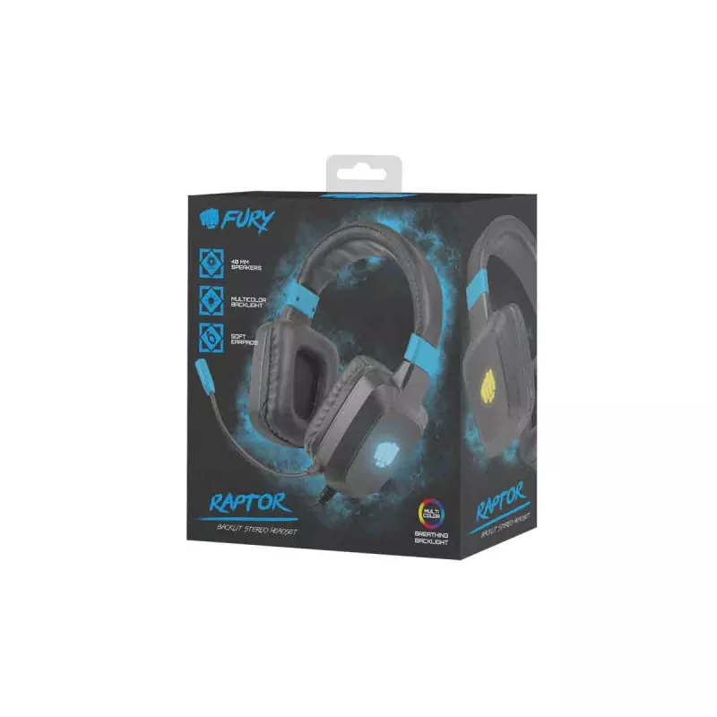 Žaidimų ausinės Fury NFU-1584 su boom mikrofonu, uždengiančios ausis, 98 dB, 15–25000 Hz, 2 m laidas, USB ir 3,5 mm, mėlynos